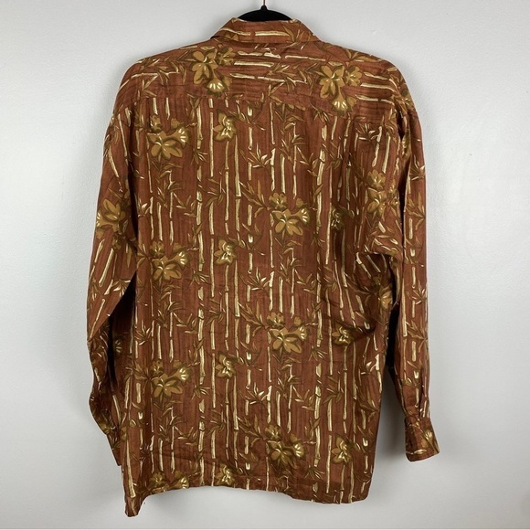Silk Icon Brown Silk Bamboo Novelty Print Button Down Shirt Medium - Picture 6 of 10
